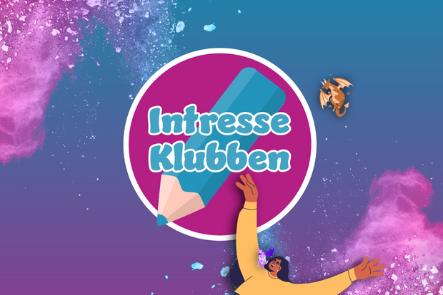 Illustration med texten 'Intresse Klubben', en stor penna, en tecknad person och färgglada färgstänk.