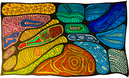 Färgglad abstrakt teckning med organiska former i gult, blått, grönt, rosa och orange mot svart bakgrund.