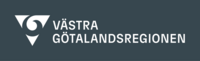 Logotyp för Västra Götalandsregionen med vit text och symbol på mörkgrå bakgrund.
