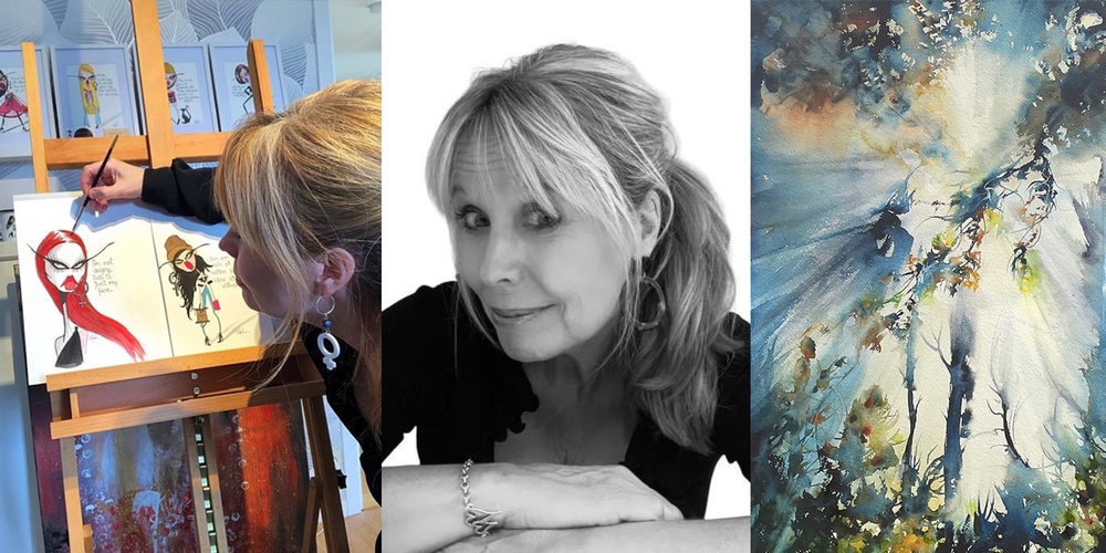 Tre bilder: en kvinna målar vid ett staffli, ett svartvitt porträtt och en akvarellmålning av ett skogslandskap.