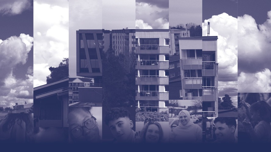 Kollage av byggnader, moln och suddiga människor i blåtonad färg.