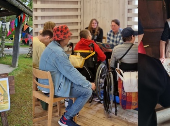 Tre bilder: entré med karta och vimplar, gruppaktivitet inomhus med rullstolar, bakning med kvinna i förkläde.