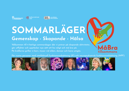 Affisch för sommarläger med text om gemenskap, skapande och hälsa, samt bilder på aktiviteter och logotyper.