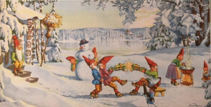 Tomtar leker och lagar mat i ett snöigt vinterlandskap med en snögubbe och sjö i bakgrunden.