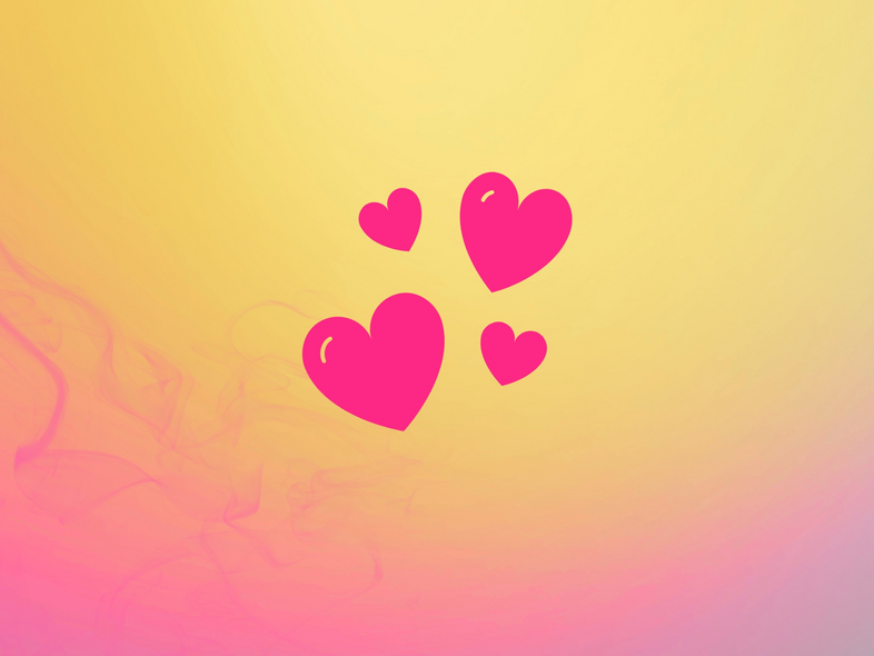 Fyra rosa hjärtan på en gul och rosa bakgrund med mjuka färgövergångar.