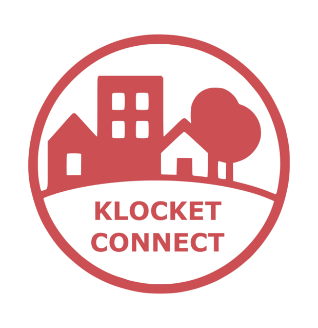 Röd logotyp med hus, träd och texten 'Klocket Connect' i en cirkel.