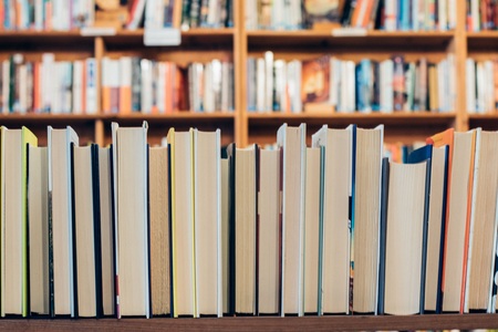 En rad böcker står uppradade med ryggarna bortvända på ett bord i ett bibliotek.