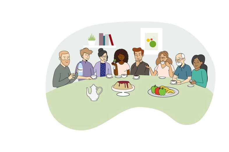 Illustration på en grupp människor som sitter vid ett bord och fikar.