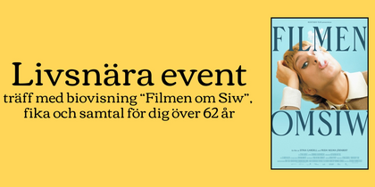 Affisch för ett event med filmvisning, fika och samtal för personer över 62 år. Bild på kvinna som blåser rök.