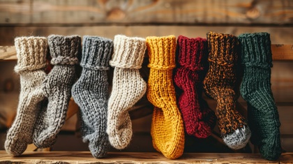 Flera par stickade ullsockor i olika färger hänger på en trävägg.