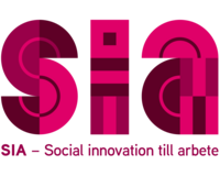 Logotyp med texten 'SIA – Social innovation till arbete' i rosa och vinröda färger.