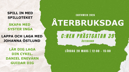 Affisch för Återbruksdag i Östersund med information om aktiviteter och plats, dominerande färger är grönt och vitt.