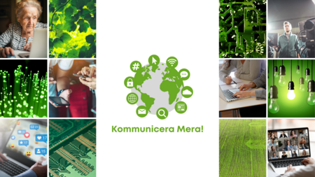 Kollage med teknik, natur, människor och digital kommunikation, texten 'Kommunicera Mera!' i mitten.