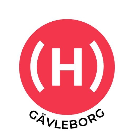 Röd cirkel med ett vitt H inom parentes och texten Gävleborg under.