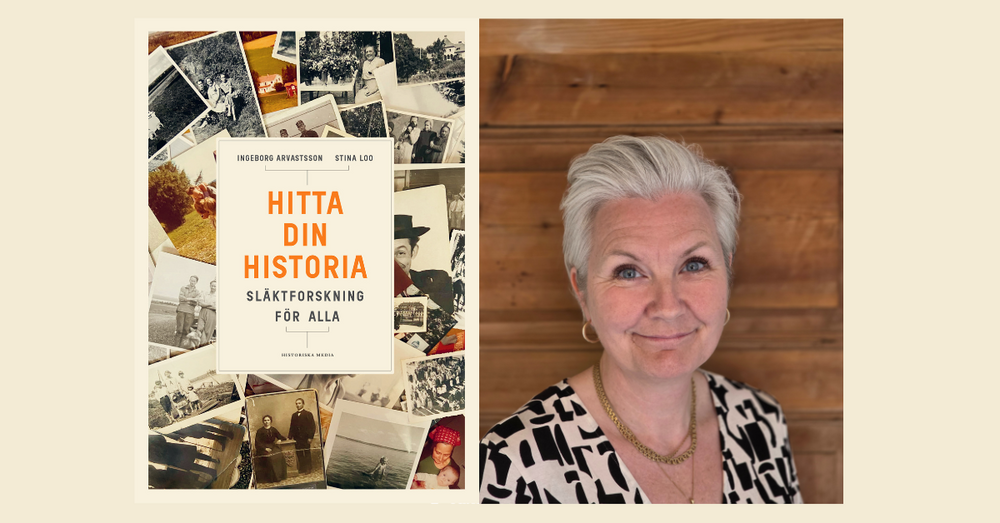 Bokomslag till 'Hitta din historia' om släktforskning och porträtt av en äldre kvinna med kort grått hår mot trävägg.