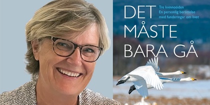 Leende kvinna med glasögon bredvid bokomslag med titeln 'Det måste bara gå' och flygande svanar.