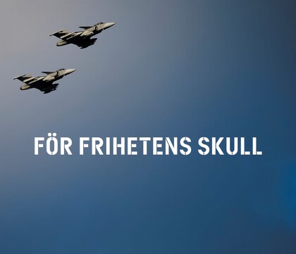 Två stridsflygplan flyger på himlen med texten 'FÖR FRIHETENS SKULL' under dem.