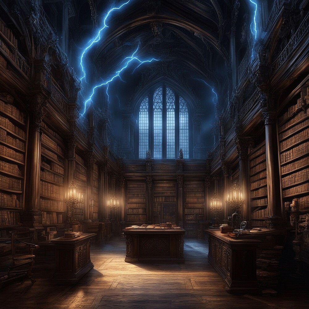 Storslagen gammal bibliotekssal med höga bokhyllor, stora fönster och blixtar utanför.