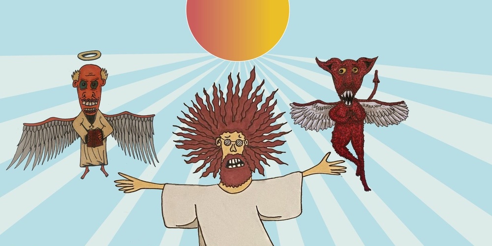 Tecknad bild av en person med utsträckta armar, en ängel med bok och gloria samt en röd demon med vingar mot en solig bakgrund.