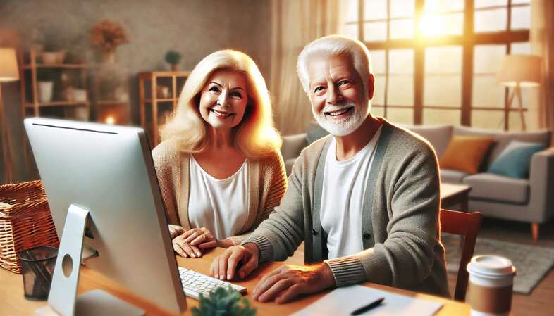 Ett äldre par sitter leende vid en dator i ett ljust och hemtrevligt vardagsrum.