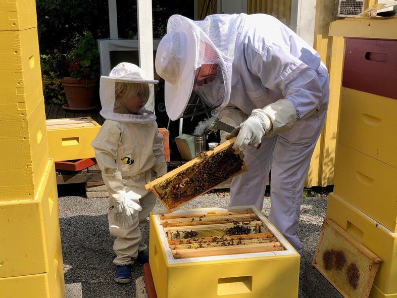 En vuxen och ett barn i skyddsdräkter undersöker en bikupa utomhus vid ett gult hus.