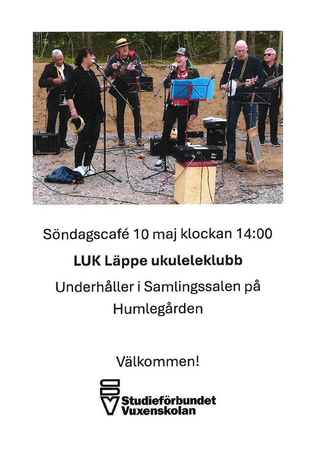 En grupp människor spelar instrument utomhus, affisch för ukuleleklubbens uppträdande på Humlegården.