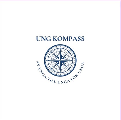Logotyp med texten 'UNG KOMPASS' och en kompassros, samt texten 'AV UNGA, TILL UNGA, FÖR UNGA' runt kompassen.