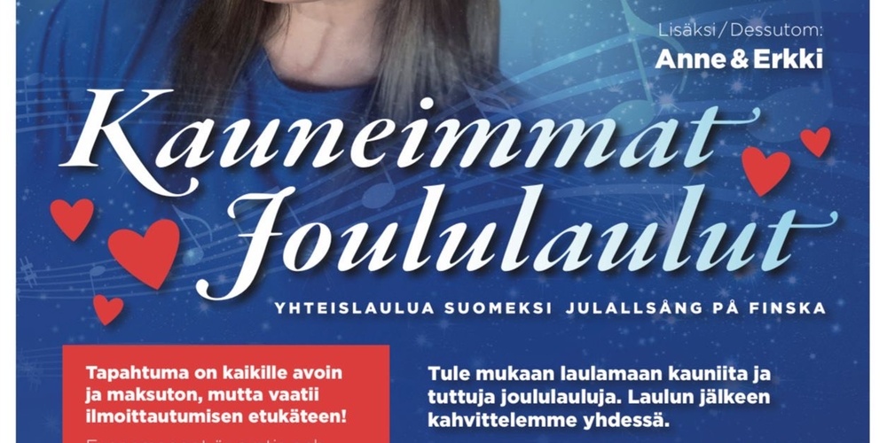 Affisch för finsk julallsång i Göteborg med information om tid, plats och kontaktuppgifter.
