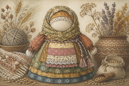 En traditionell tygdocka i färgglada kläder omgiven av garn, torkade växter och en säck med bönor på ett rustikt bord.