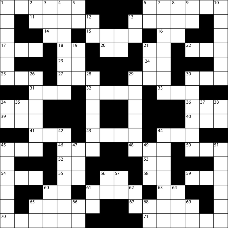 Tom korsord med svartvita rutor och numrerade fält för ledtrådar.
