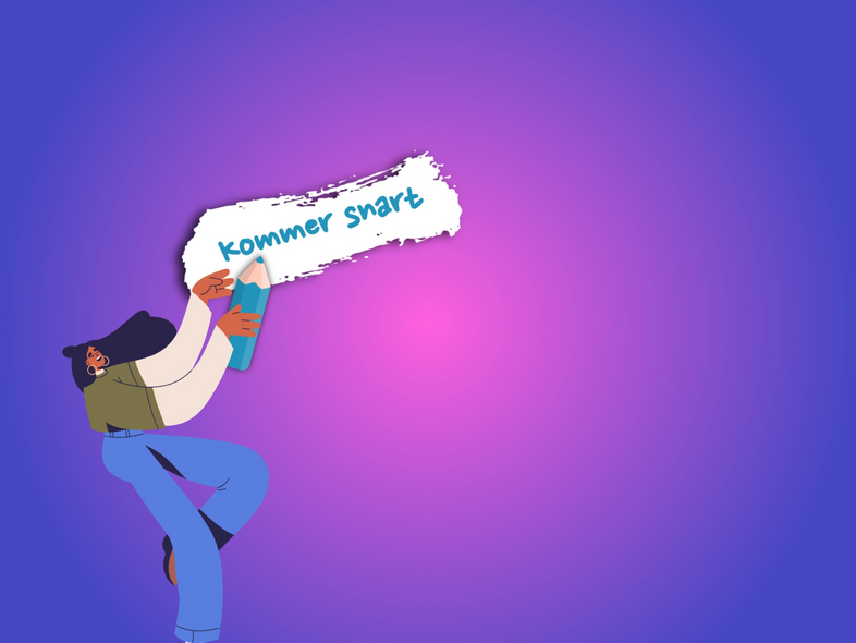 Illustration av person som skriver 'kommer snart' med en blå penna på en vit bakgrund, lila och blå gradient.