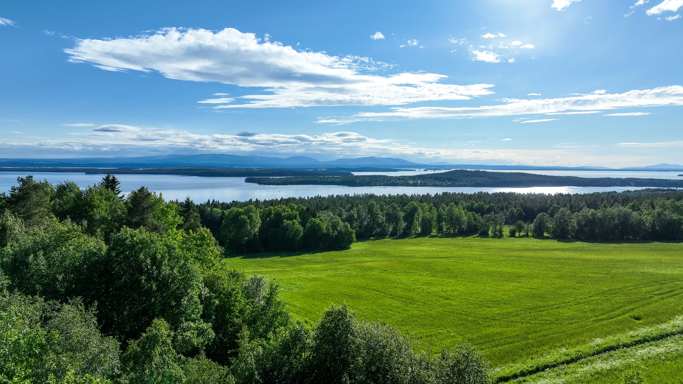 Landskapsvy med gröna ängar, tät skog och en sjö under en blå himmel med moln.