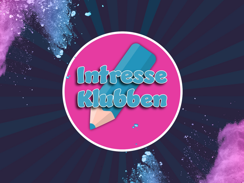 Logga med texten "IntresseKlubben" skrivet i turkost, illustration av en turkos blyertsfärgpenna, färgstänk och grafiskt mönster i bakgrunden. 