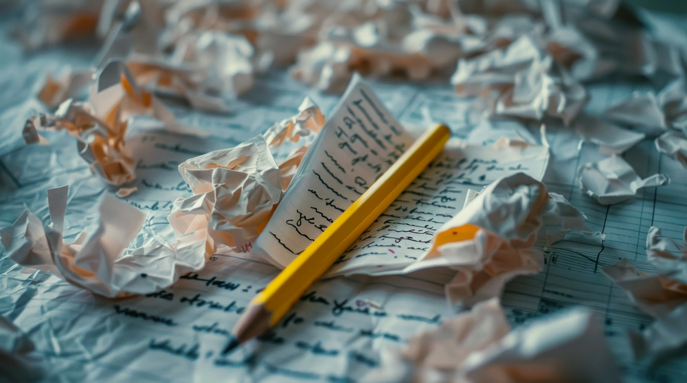 En gul blyertspenna ligger bland skrynkliga och handskrivna papper på ett skrivbord.