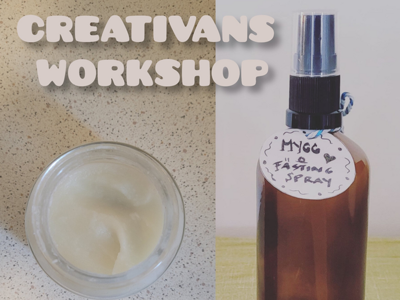 Bild med texten 'Creativans Workshop', en burk med kräm och en sprayflaska med handskriven etikett.