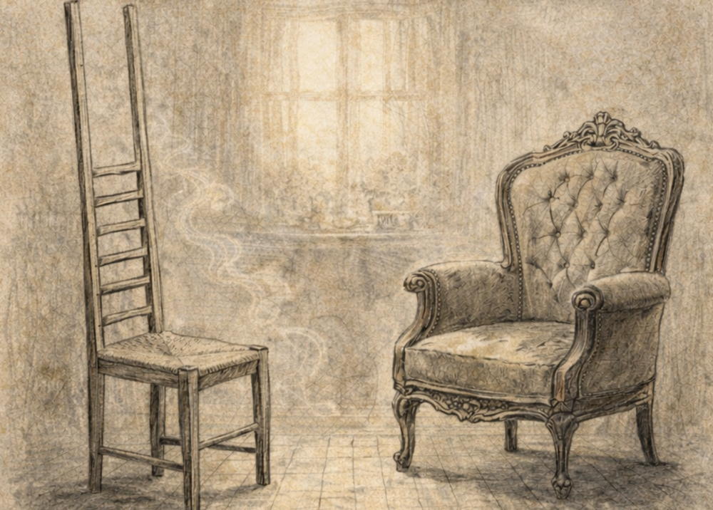 Två stolar, en med ovanligt hög rygg och en stoppad fåtölj, står i ett gammaldags rum med fönster i bakgrunden.