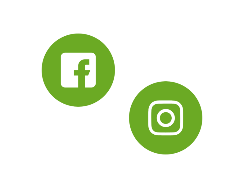 Två gröna cirklar med vita ikoner för Facebook och Instagram på vit bakgrund.