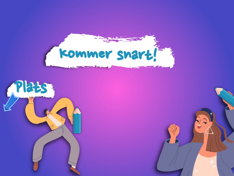 Illustration med två personer, texten 'kommer snart!' och 'Plats' på blå-lila bakgrund.