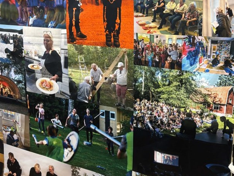 Fotovägg med bilder från olika utomhus- och inomhusaktiviteter, musik, lek och samlingar.