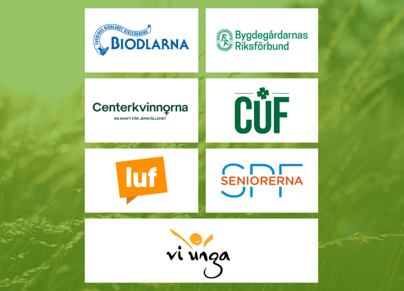 Sju logotyper för svenska organisationer på grön bakgrund, inklusive Biodlarna, Centerkvinnorna och Vi unga.