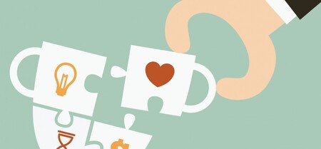 En tecknad illustration på en hand som pusslar ihop en kopp.