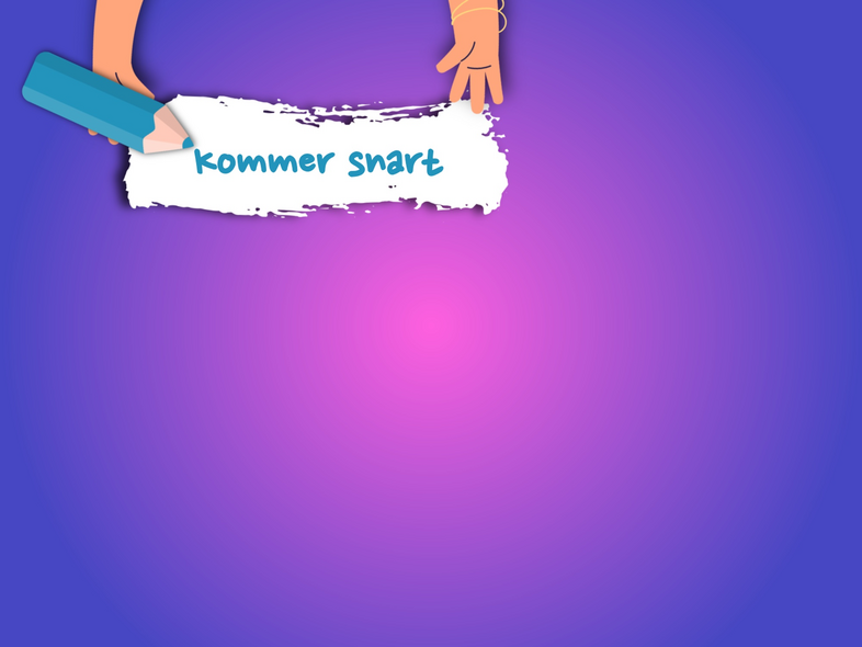 Tecknad hand håller en penna och en lapp med texten 'kommer snart' mot en lila bakgrund.