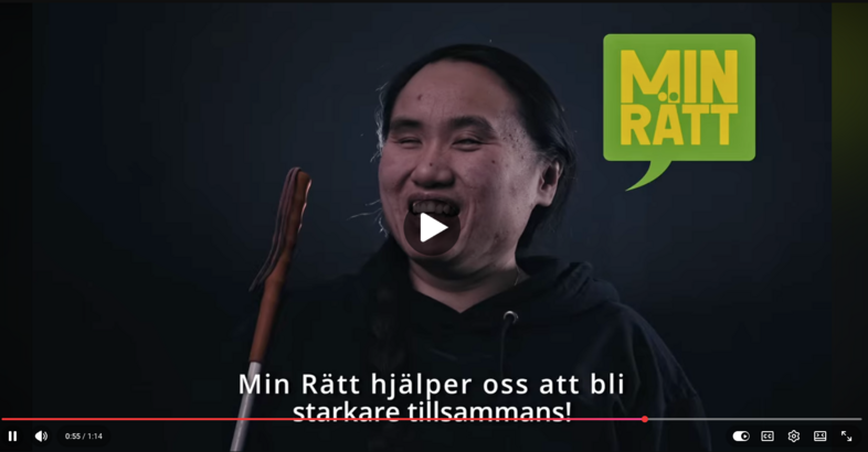 Person med vit käpp framför mörk bakgrund och texten 'Min Rätt' i en grön pratbubbla.