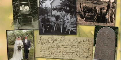 Omslag till en bok om släktforskning och folkliv med gamla fotografier och text på svenska.