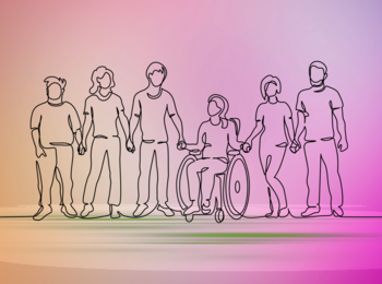 Illustration av en grupp människor ritade bara som streck mot en lilarosa bakgrund.