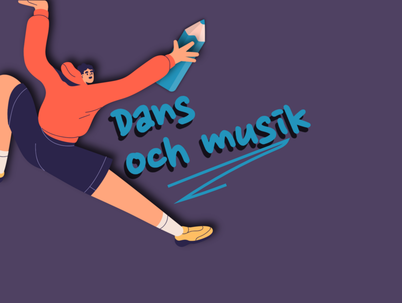 Illustration av en person som dansar och håller en stor penna, med texten 'Dans och musik' på lila bakgrund.