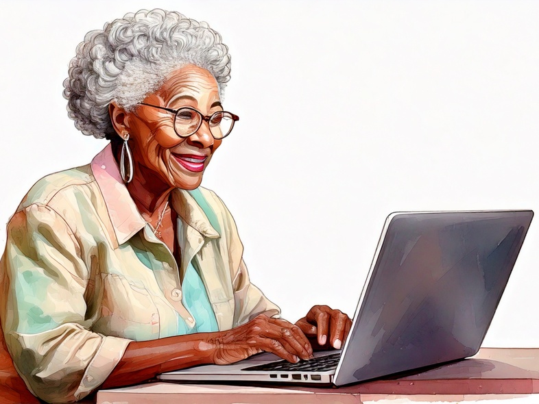 Äldre kvinna med grått hår och glasögon sitter leende vid en bärbar dator.