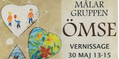 Affisch för konstutställning med hjärtformade målningar och information om vernissage och öppettider.