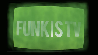 Grön TV-skärm med texten 'FUNKIS TV' i vitt, centrerad på skärmen.