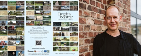 Affisch för 'Bygden berättar' med många små bilder och en man som står vid en tegelvägg.